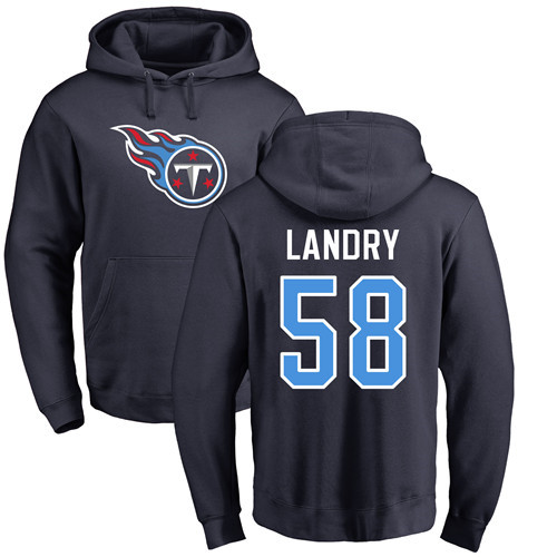 Tennessee Titans Men Navy Blue Harold Landry Name and Number Logo NFL Football #58 Pullover Hoodie Sweatshirts